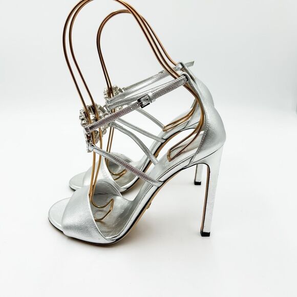 Gucci GG Crystal Metallic Silver Leather Sandals Heels EU 37 US 7 - Picture 3 of 14